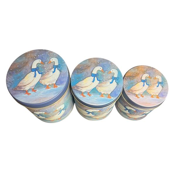3 Pc Set Tin Nesting Canisters Christmas Winter Goose Ducks Blue Ribbons - Picture 4 of 11